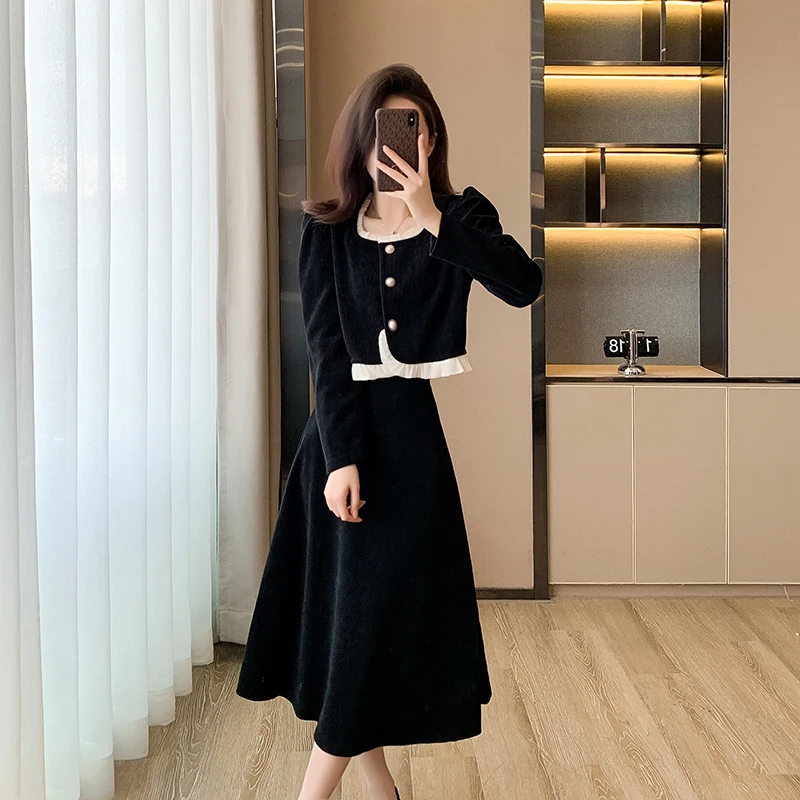 France Small Fragrant Autumn Winter Corduroy 2 Piece Set Women O Neck Single Breasted Ruffles Coat +Long Split A Line Skirt Suit