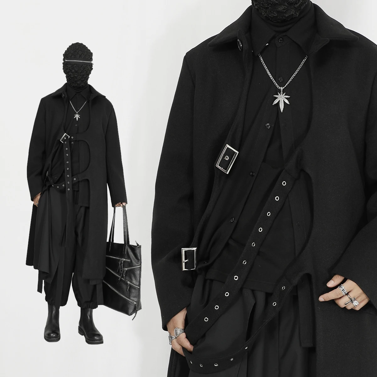 Black Yamamoto Style Dark Techwear Fashion Men's Clothes Coat with Design and Knee-Length Overcoat