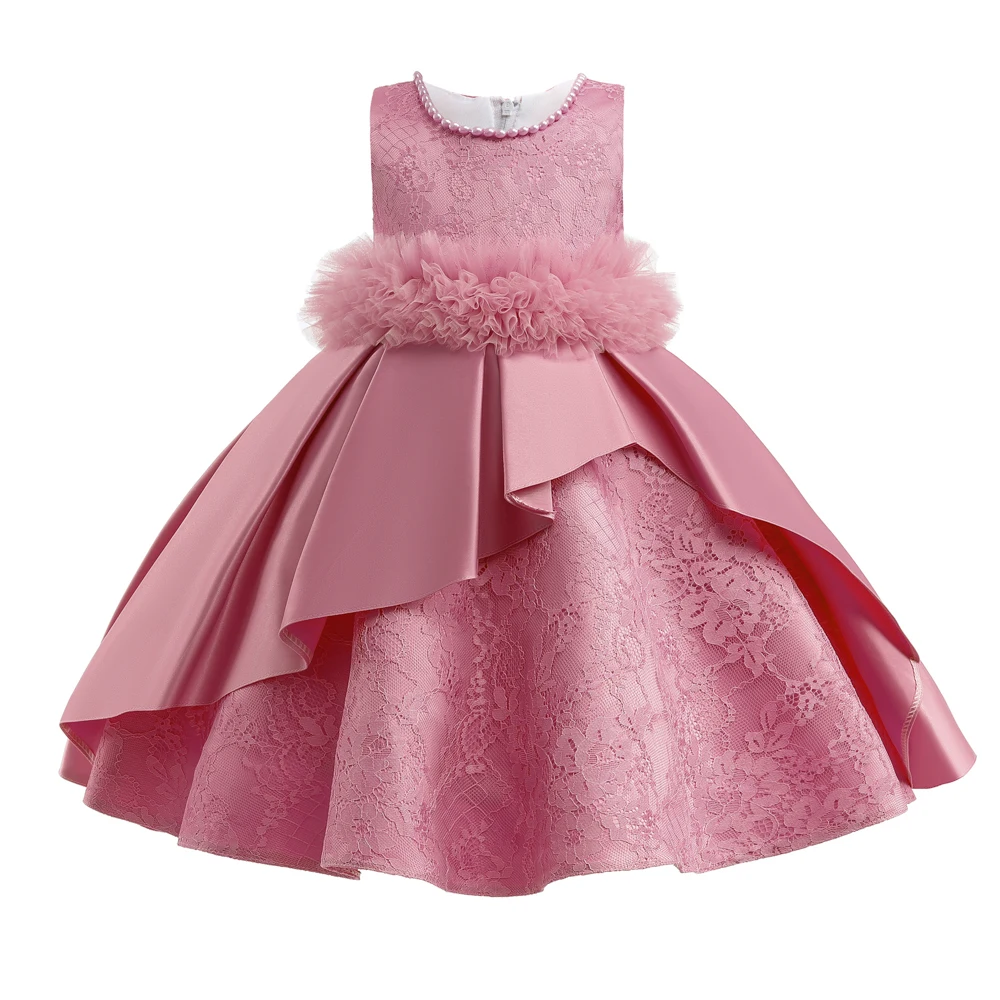 Girls Party Dresses 5 Colors 110cm-150cm Solid Color Beading Dress Baby Vestidos Wedding Birthday Photograph Clothing Pink