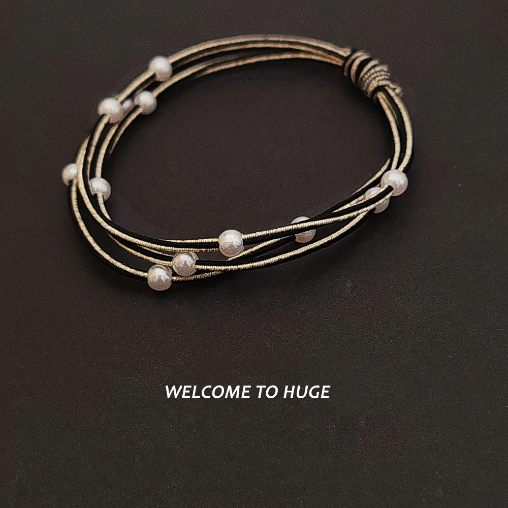 5 STÜCK Heißer Goldener Faden mit Perlen Hohe Elastizität Haargummis für Frauen Mädchen Pferdeschwanzhalter Haarschmuck – Detail 3