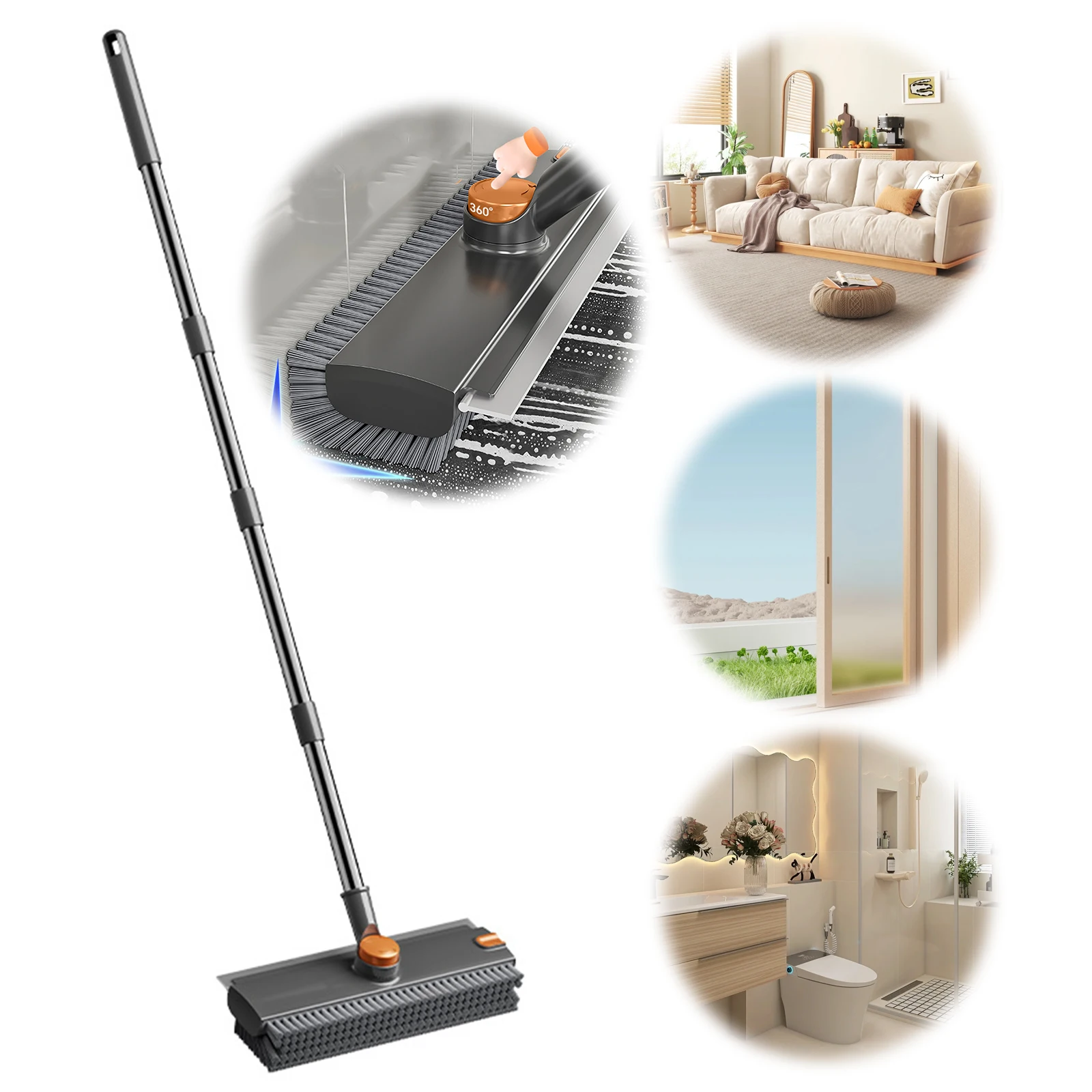 

3 in 1 Floor Scrub Brush with Long Handle Floor Scrubber Broom with Squeegee and Tweezer for Cleaning Tile Wall Deck Patio