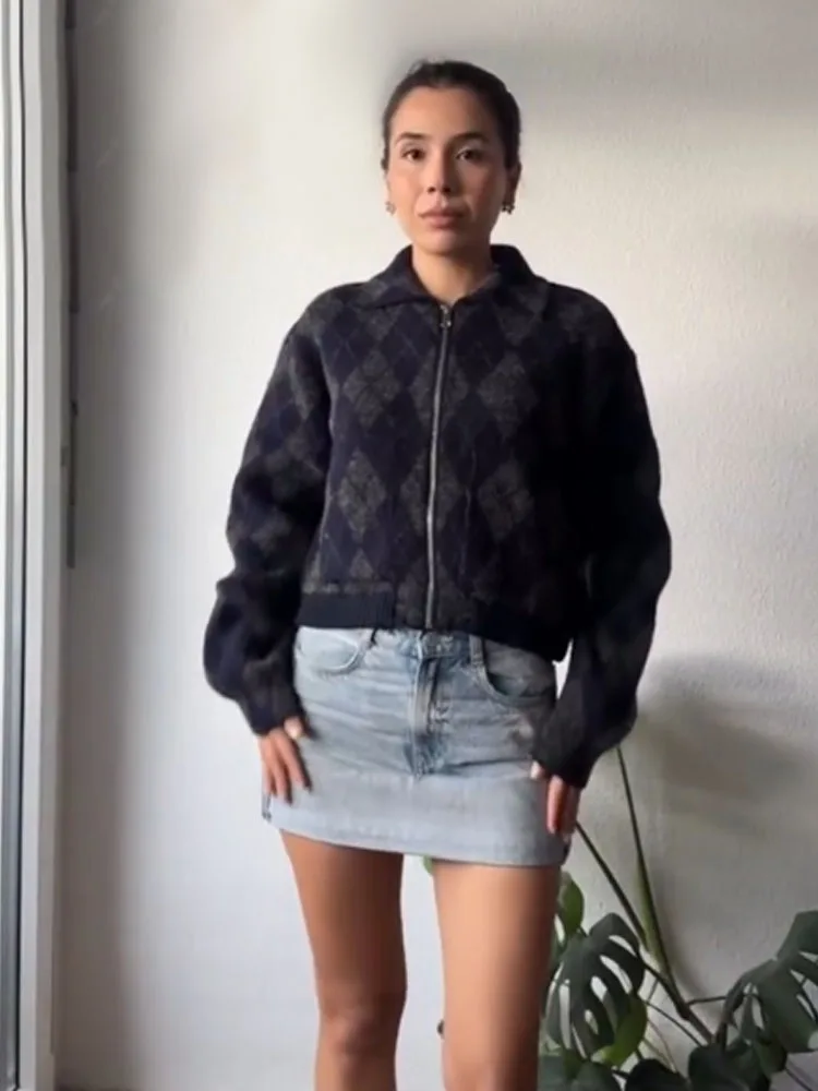 

HH Осенняя женская вязаная куртка-бомбер с лацканами и молнией Argyle, женская мода, свободный тонкий кардиган с длинными рукавами, короткое пальто