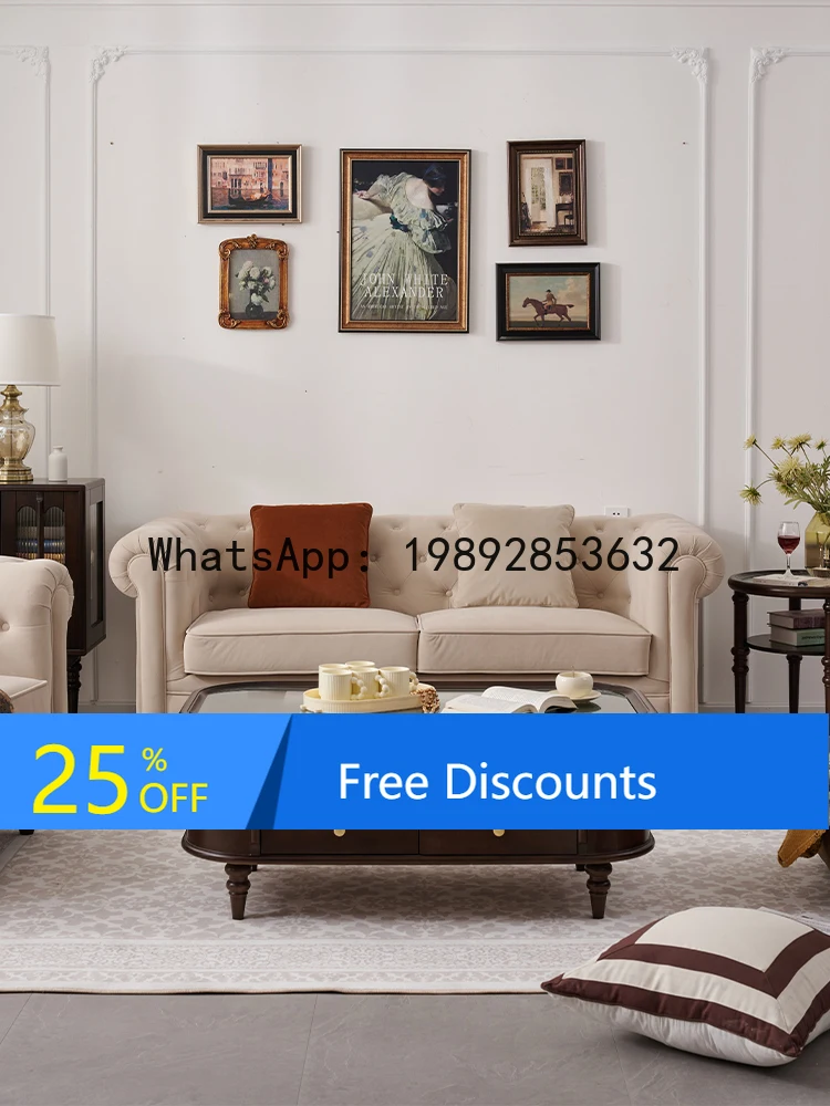 LYY French Vintage Style Fabric Velvet Sofa Living Room American Retro Small Apartment Solid Wood Button European Straight