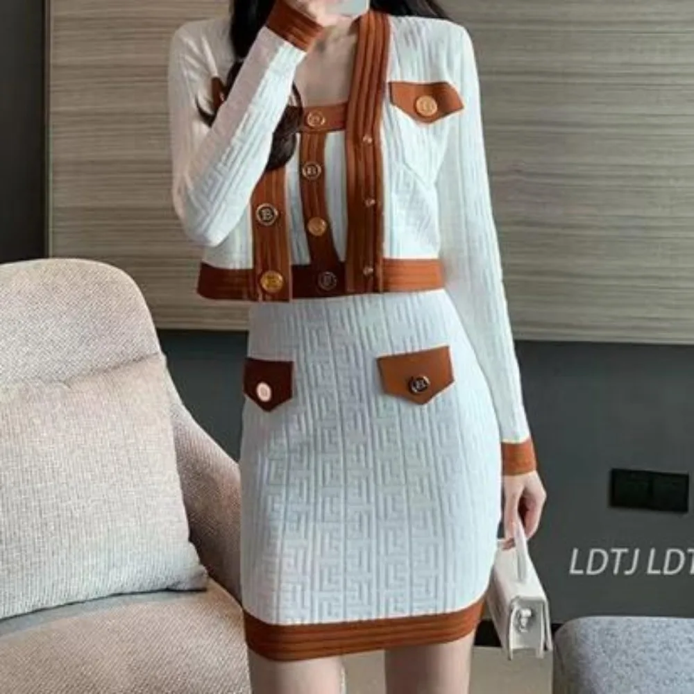 Women Elegant Knit Two Pieces Sets Sweater Vintage Long Sleeve Cadigan and Stretch Tight Sundress Sets Autumn Winter Wrap Dress