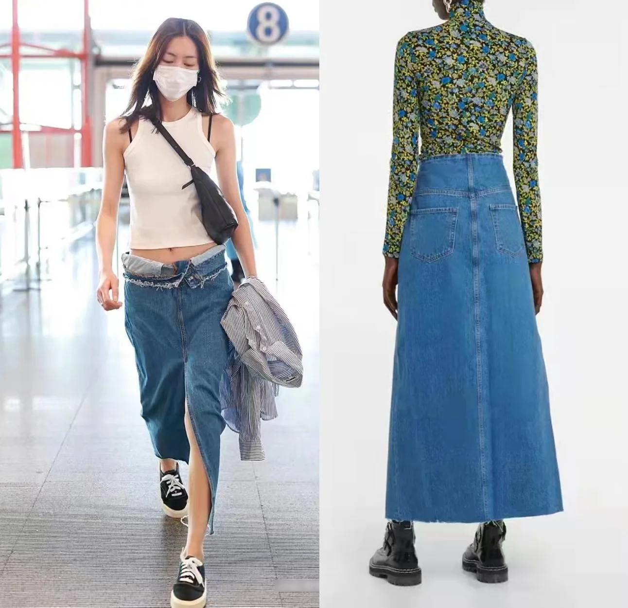 

Washable Blue High Waist A-line Long Skirt Women Fur Edge Front Split Midi Skirt 2023 New Europe and America