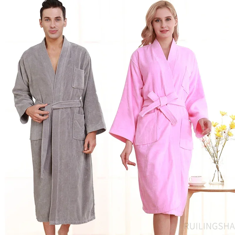 

Women 100% Cotton Long Terry Bathrobe Plus Size Suck Water Towel Kimono Bath Robes Hotel Spa Dressing Gown Men Lounge Sleepwear