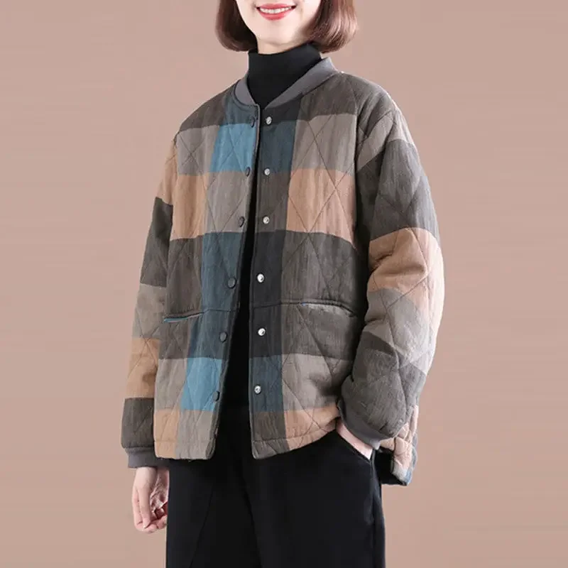 Women\'s Plaid Padded Jacket Autumn Winter Warmth Jacket Parka Retro Korean Fashion Free Shipping Wholesale Cropped Top New