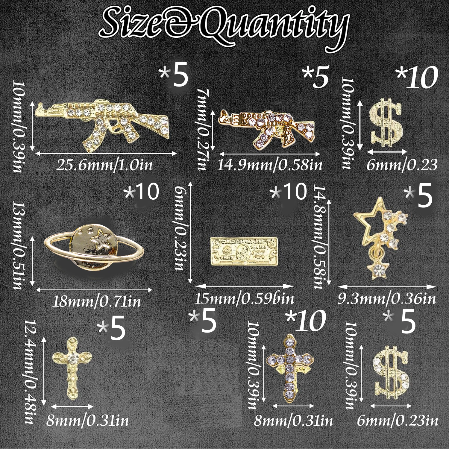 65PCS Gun Nail Charms 3D Cross Nail Art Jewelry Gold Dollar Sign Charms Nails Multi Style Nail Gems for Women Manicure