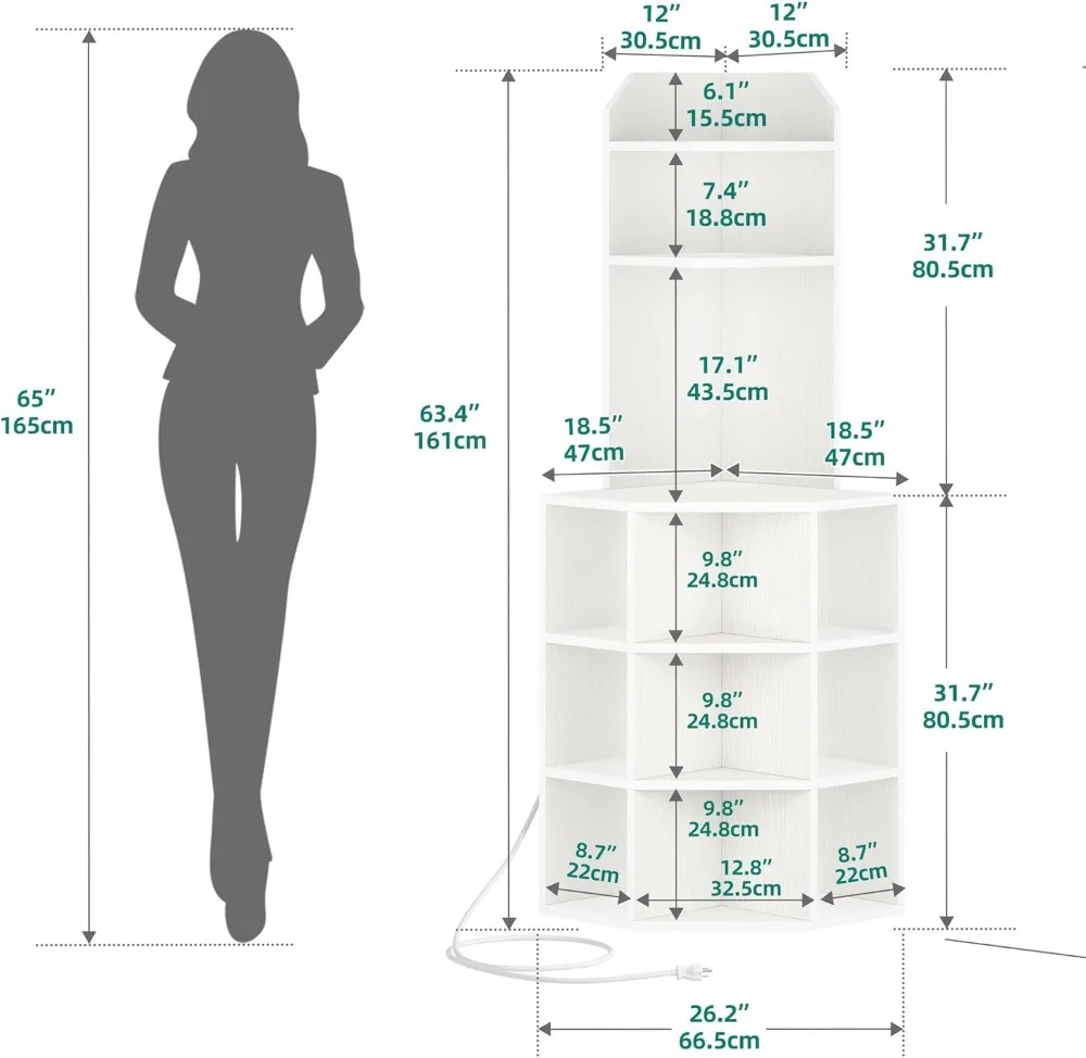 

Corner Shelf with USB Ports & Outlets, Modern Charging Station, Wooden Display Bookshelf for Living Room