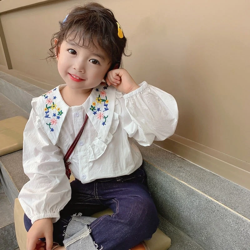Girls' Autumn and Spring New Style Clothing Children's Korean Version Floral Doll Shirt Fashionable Baby Long Sleeved Top