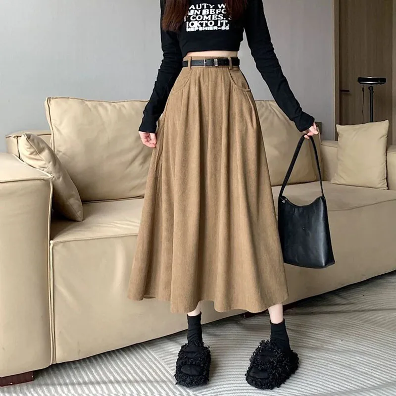 

Smvp осенне-зимняя женская длинная юбка, винтажная вельветовая юбка трапециевидной формы с высокой талией, женская модная уличная одежда с карманами, юбка миди