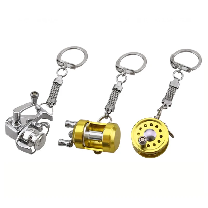 1Pcs Alloy Fishing Reel Drum Pendant Keychain Key Ring Outdoor Small Fishing Tackle Mini Miniature Sea Fishing Spinning Wheel 