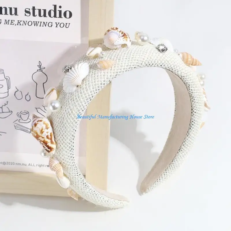 E56A Rhinestones Pearl Headband Conch Headband for Beach Party Shell Headband view 2