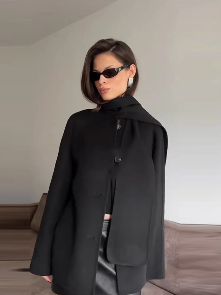 معطف نسائي صوف شبكي غير رسمي وشاح أنيق بياقة وأكمام طويلة معاطف نسائية واحدة الصدر موضة شتاء وربيع ملابس خارجية أنيقة للسيدات