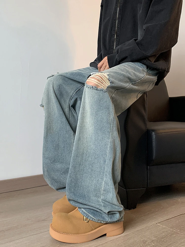 アメリカンスレ ヴィンテージ ルーズレッグ メンズジーンズ 夏 トレンドブランド INS ハイストリート クール ワイドレッグ ナイフパンツ ホールデザイン