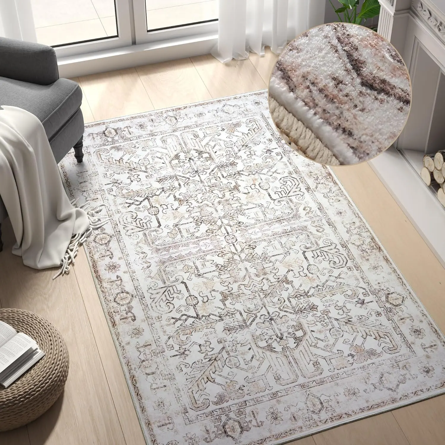 

Washable Area Rug 3X5 Entryway Rug - Distressed Vintage Floral Ultra-Thin Low-Pile Soft Non-Shedding Indoor Floor Carpet For