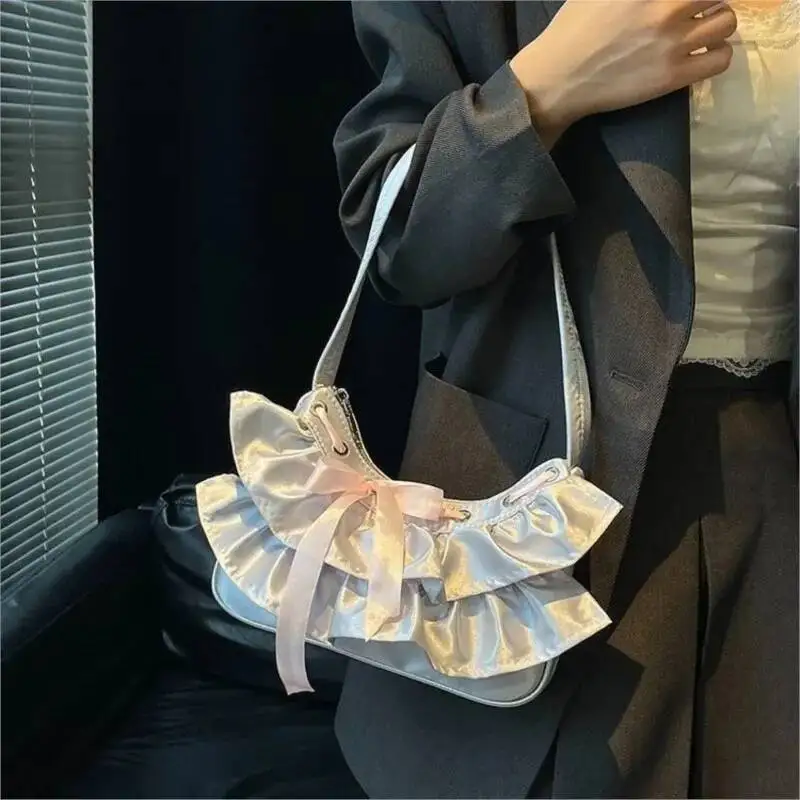 

Bloom Sweet Ruffled Edge Bow Y2k Handbag Women Versatile Fairycore Shoulder Bags Ladies Retro Hobos Bag Aesthetic