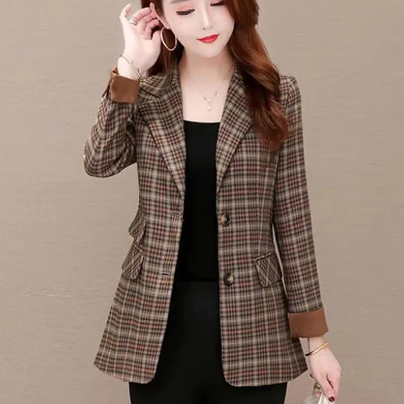 

Fashion Design Suit Jacket Women's Blazer Middle-Aged Elderly Mother Spring Autumn Plaid Coat Tops Outerwear Female 5XL