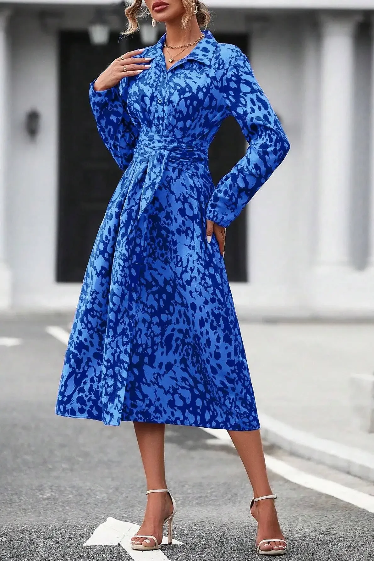 Dresses for Women Fashion Long Sleeve Print Women Dress Turn Down Collar Lace-up A-LINE Dress Women Vestidos De Verano Mujer Q48