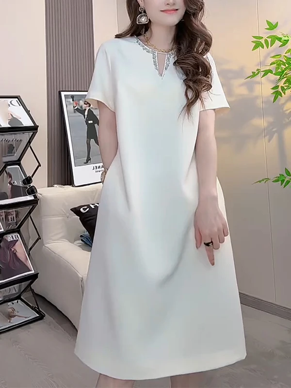 

Elegant White Women's Dress Gtuq2025 Summer Fashion High-End Sensation Soft Heavy Work Korean Style Commute Loose Fit Midi Dress