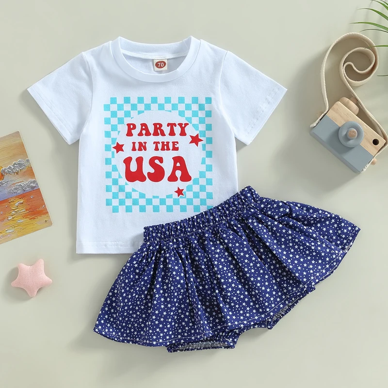 4th of July Children s Girl Clothing Set with Patriotic American Flag Print Short Sleeve Shirt and Denim Shorts