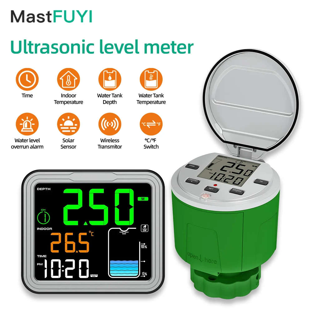 

MASTFUYI Ultrasonic Wireless Water Level Meter 100M Range with Temp Sensor Time Display & Low Battery Alarm Tank Liquid Monitor