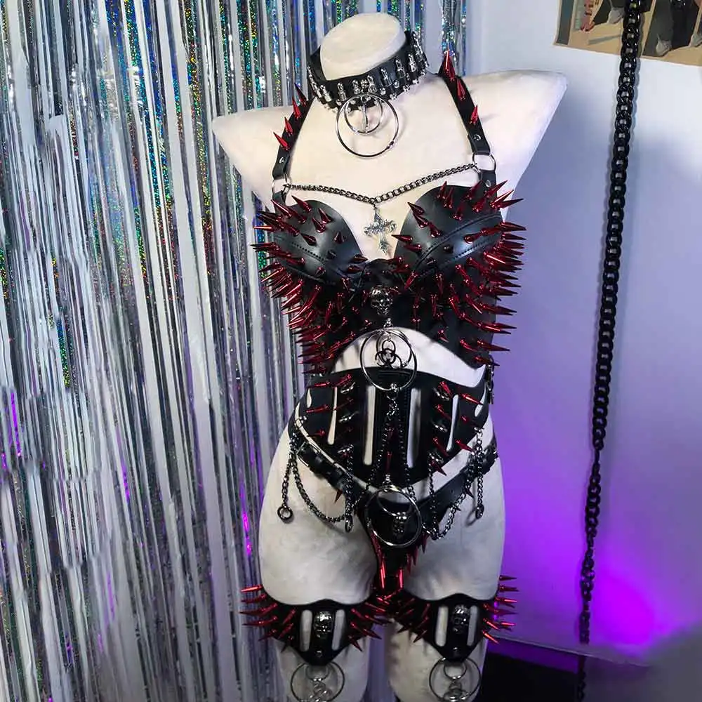 Y2K Halter Top Gothic Punk Rock Emo Revival Chain Red Spiked Studded Rivet Clothing with Spikes Goth Grunge Rave Festive Tops