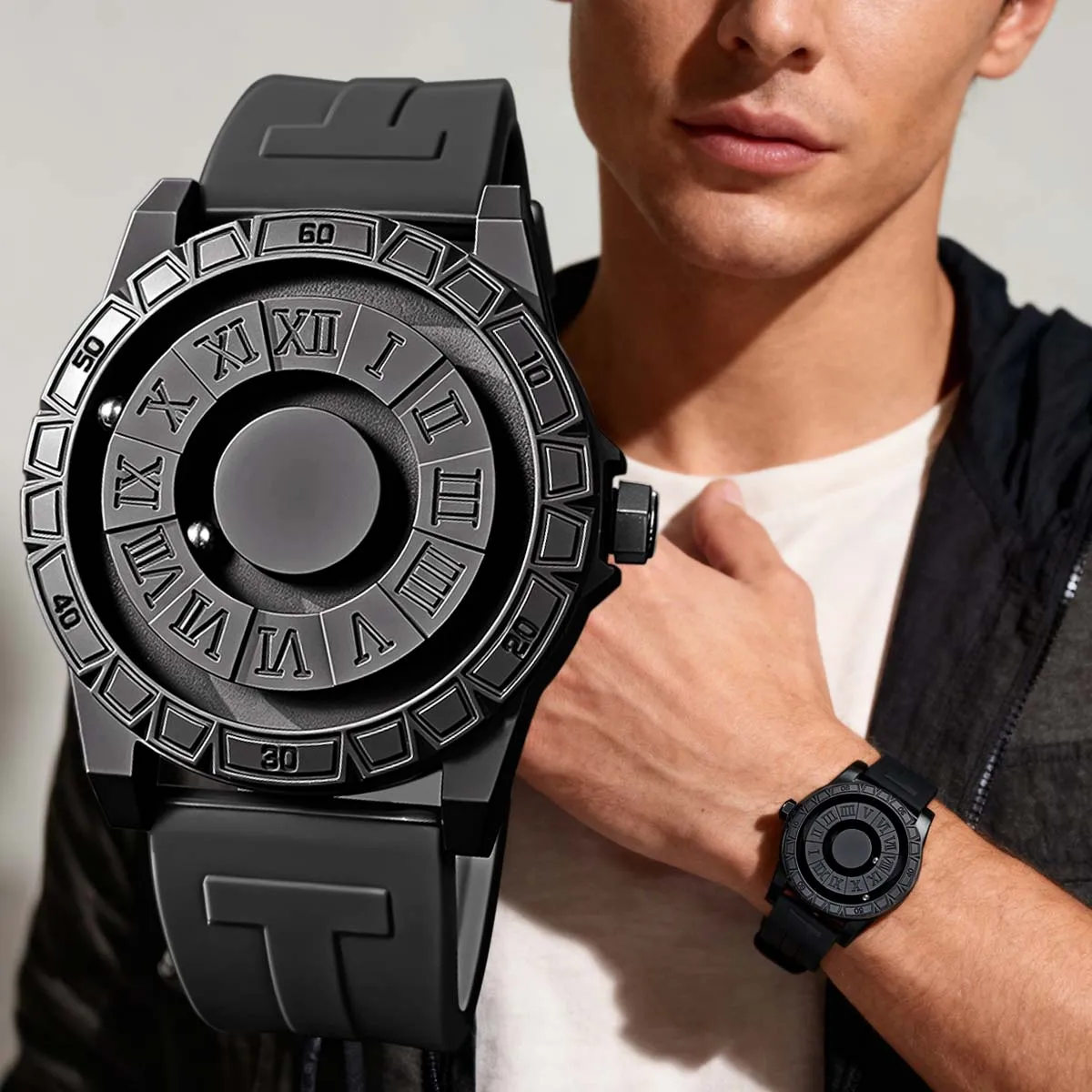 Casual Fashion Men's Silicone Sports Magnetic Bezel Quartz Watch Wrist Watch