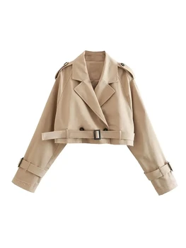 2024 Belt Cropped Trench Spring Jacket Women Vintage Streetwear Double Breasted Long Sleeve Top Female Coat Outfits 3