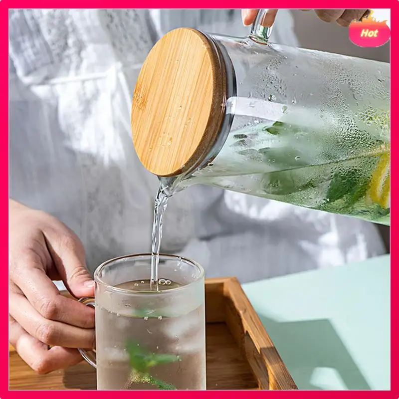 

ABYP 3X 1.7L Glass Water Pitcher With Handle Bamboo Lid Heat Resistant Cold Hot Kettle Capacity Tea Pitcher Water Juice Jug