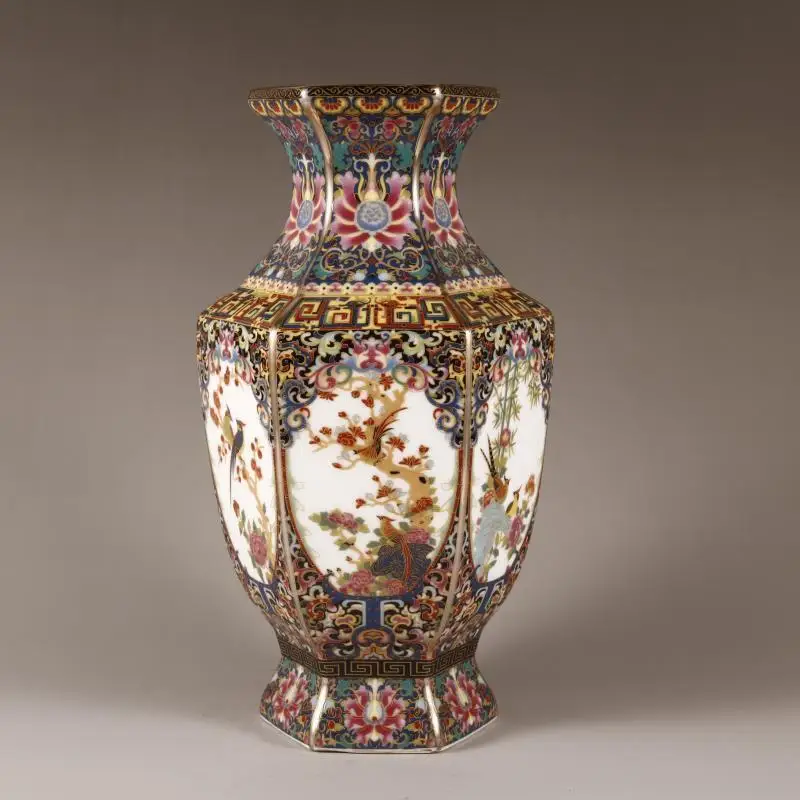 96-chine-beau-travail-d'art-qing-porcelaine-couleur-emails-oiseau-arbre-pivoine-fleur-six-cotes-vase