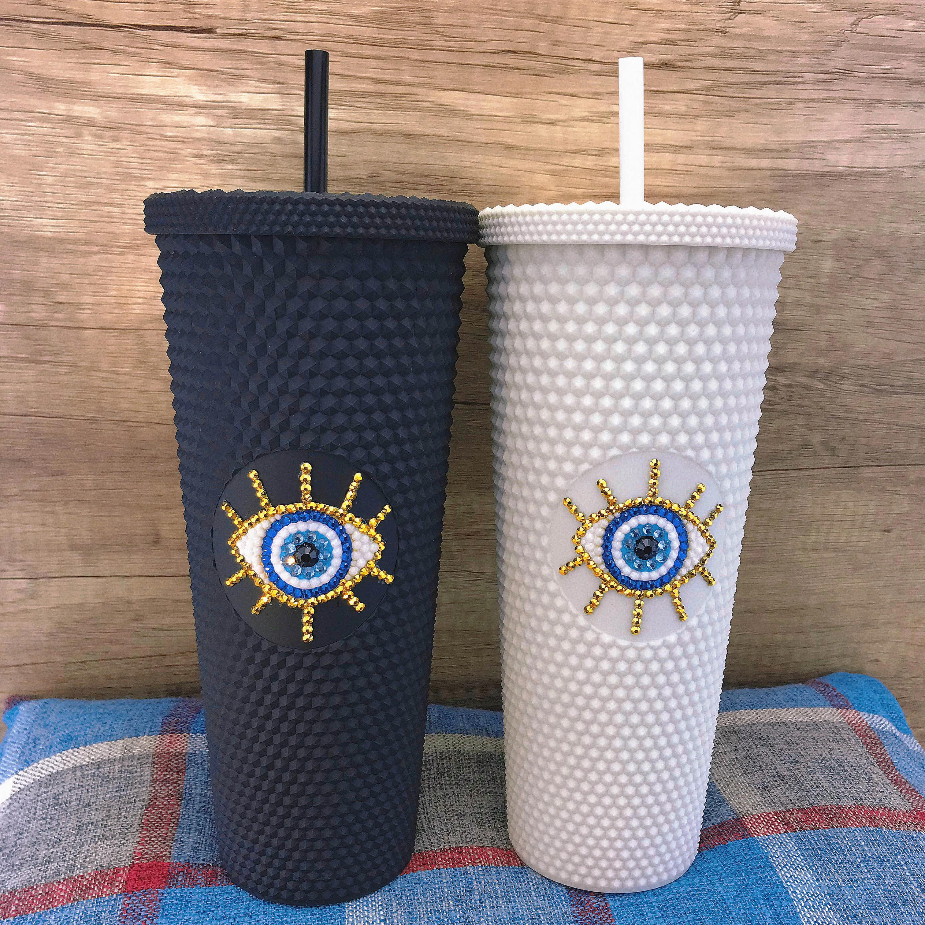 Rhinestone Evil Eye Tumbler Bling 24oz Studded Tumbler with Straw Lid Double Wall BPA Free Turkish Eye Coffee Cup Watter Bottle