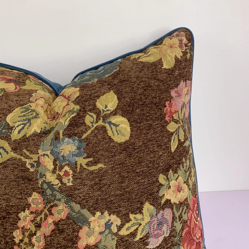 Hinyeatex Vintage Heavy Pillow Case Floral Brown Blue Plant Soft Chenille Velvet Cushion Cover 18x18 \