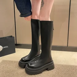 Women's Petite Thick-soled Long Boots Winter Fleece-lined High-heeled Slimming V-neck Knee-length Riding Boots