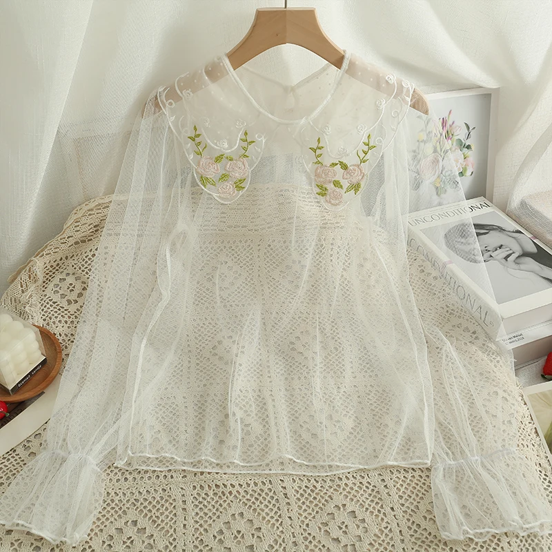 Vintage Lolita Blouses Women Mesh Patchwork Flower Embroidery Peter Pan Collar Shirts Flare Sleeve Thin Inside Tops Mujer Autumn