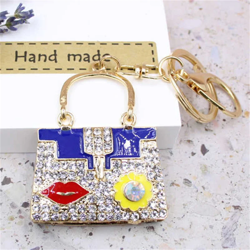 Creative Jewelry Key Chain Set Rhinestone Handbag Car Keychain Female Bag Accessories Key Chain Metal Enamel Pendant Keyfob