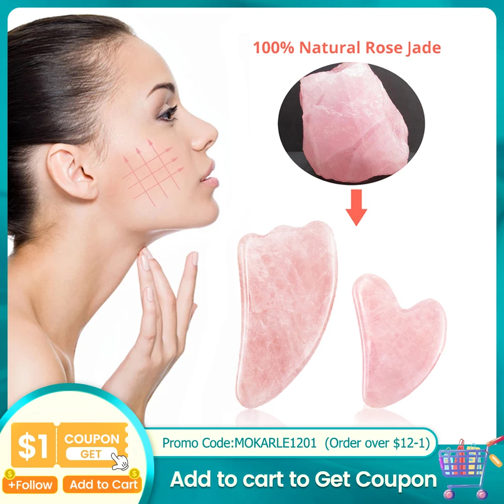 ธรรมชาติ Rose Quartz หยก Guasha Scraper Board เครื่องนวดหน้า Gouache Scraper ยกกระชับผิวริ้วรอย Remover Beauty Care