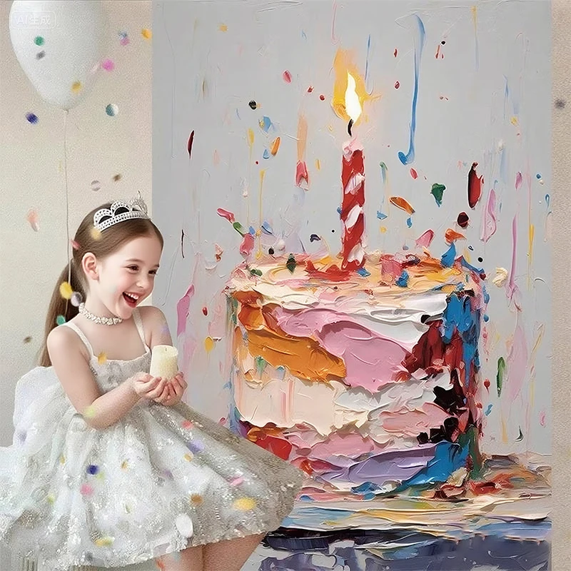 لوحة زيتية ملونة كبيرة جدًا لخلفية كعكة عيد الميلاد، ترتيب مشهد ديكور حفلات أعياد الميلاد للأولاد والبنات #1