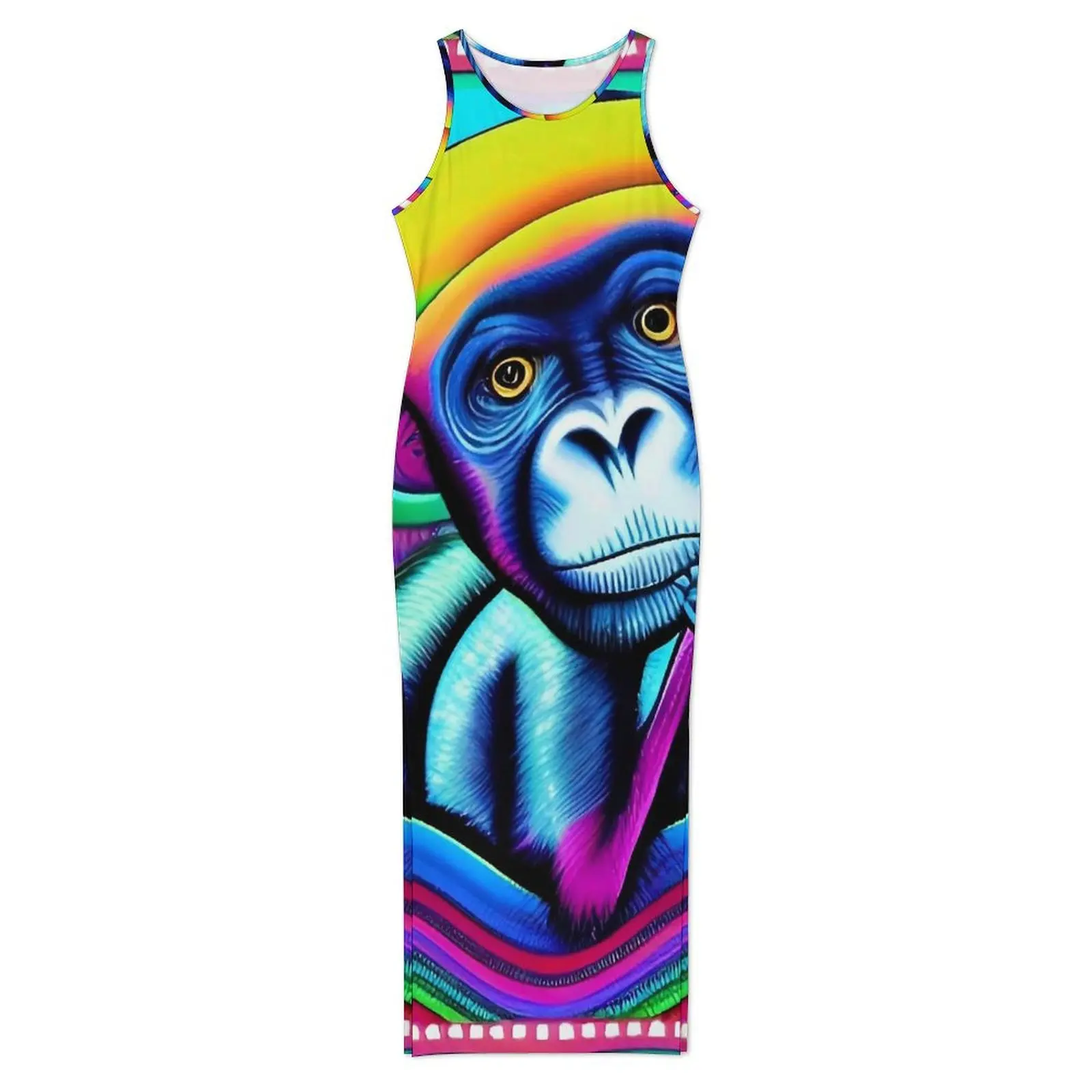 Zabawna sukienka z małpą, bez rękawów, uroczy nadruk zwierzęcy, elegancka sukienka maxi, wiosenny styl uliczny, graficzna sukienka bodycon, rozmiary 2XL 3XL 4XL