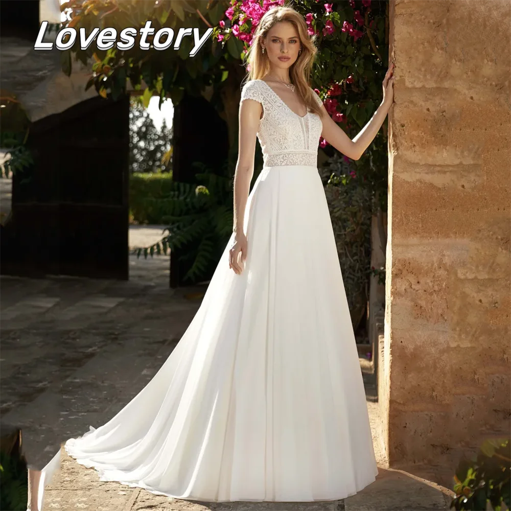 Boho a-line abiti da sposa maniche corte con cappuccio Chffion abiti da sposa in pizzo Sexy scollo a v Cut-Out bottoni eleganti Vestidos De Noiva