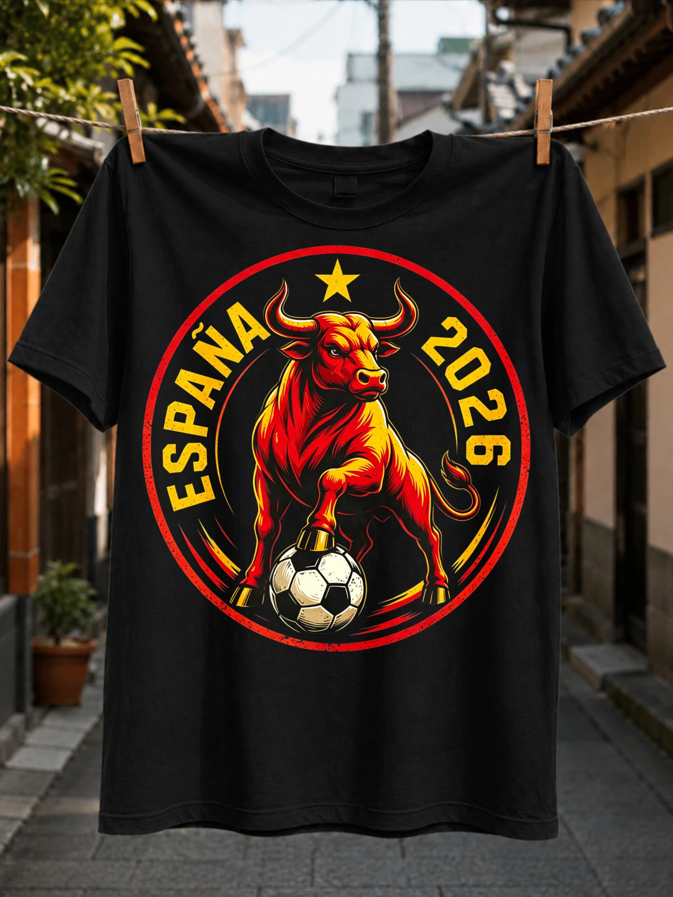 T-shirt unisexe avec motif de football Espagne 2026, Red Bull et spirit de tournoi national audacieux, design circulaire
