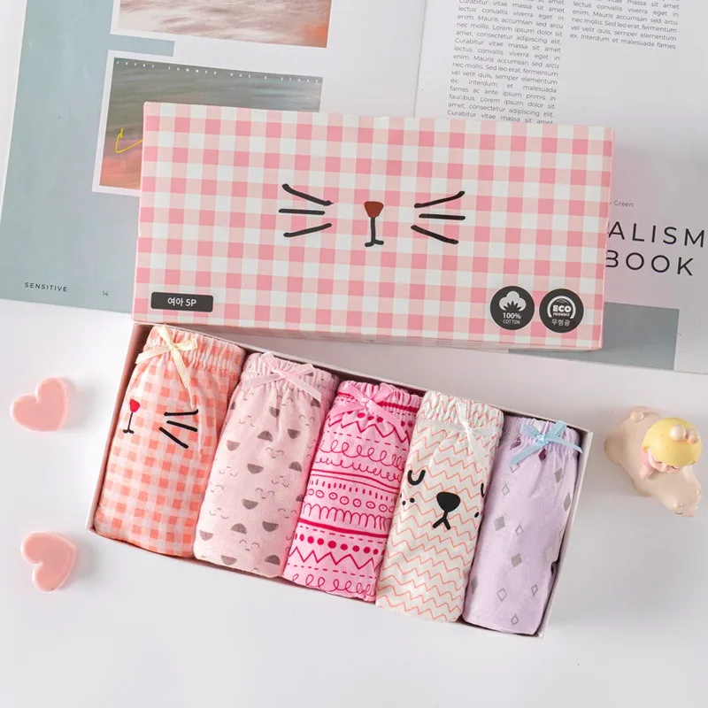 5Pcs/Pack Girls Cotton Panties Cute Kitty Striped Plaid Children Triangle Underwear Comfortable Breathable Schoolgirl Underpants