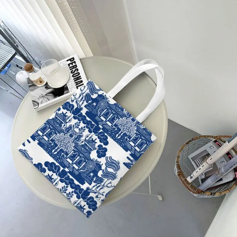 Chinoiserie de sauce azul reutilizable, bolso de compras de inspiración de porcelana azul y blanca, bolso de mano de lona de hombro, bolsas de compras