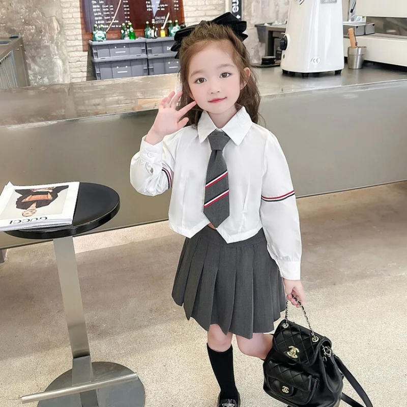 Formal Western Suit Pleated Skirt For Girls Clothes Set Gray School Uniforms For 4 5 6 7 8 9 10 11 12 13 Years Kids Girls Outfit