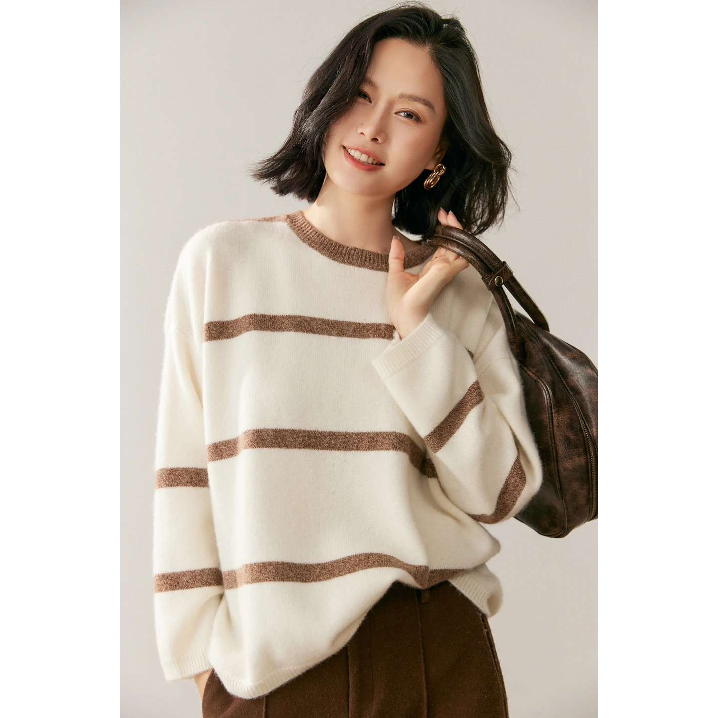 Women O-neck Striped Pullover 100% Cashmere Sweater Casual Loose Knitwear Jumper Autumn Winter One Size Bust 130cm Cashmere Top