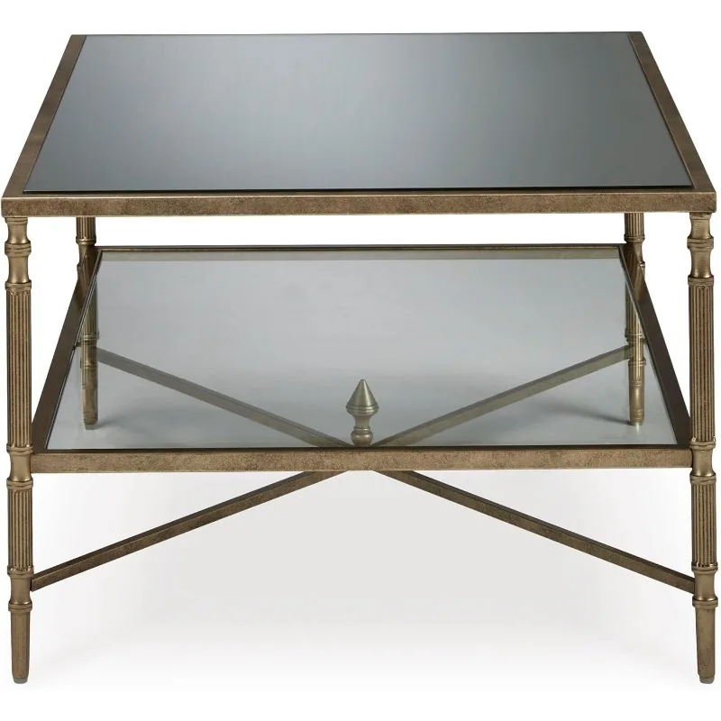 Coffee Table Made with Metal and Glass Frame with Aged Goldtone Finish