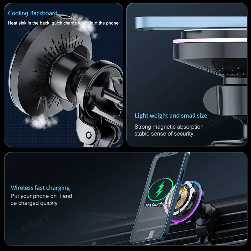 أضواء LED المغناطيسي شاحن لاسلكي حامل السيارة آيفون 12 13 14 15 16 برو ماكس 15 واط شحن سريع حامل هاتف السيارة العالمي