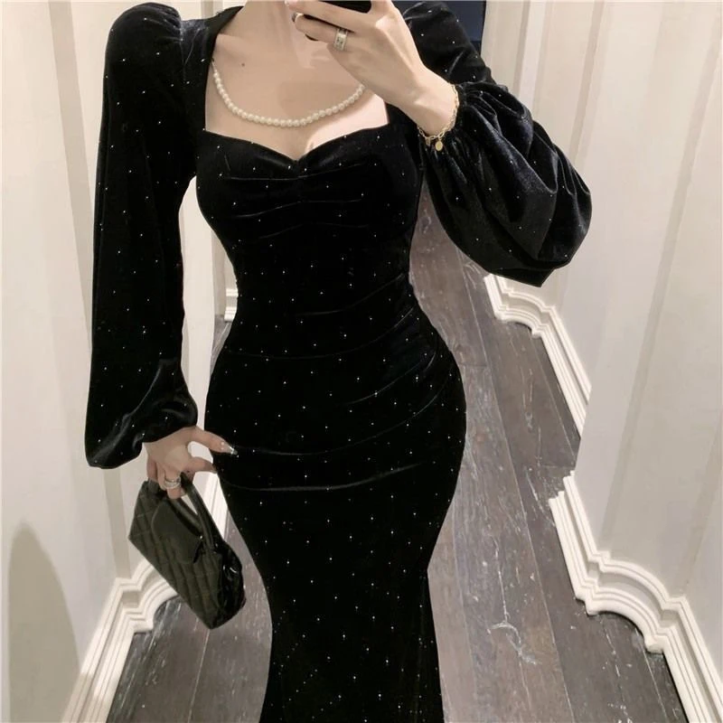 فستان ميدي أسود مخملي عتيق للنساء أنيق للحفلات واللؤلؤ الماسي فساتين حورية البحر شتوية كورية بأكمام طويلة فساتين ضيقة جديدة #6