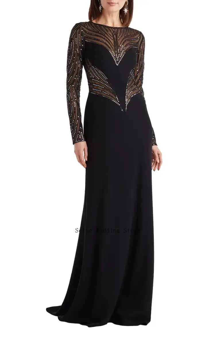 Customized Black Sheath Crepe Mother of The Bride Dress Beaded Round Neck Long Sleeve Formal Wedding Party Gown Evening Dresses