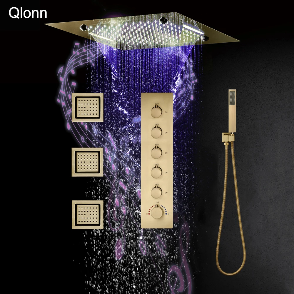 

Qlonn Gold 20 Inch LED Music Rain Shower System 5 Function Thermostatic Shower Faucet Set with SPA Body Jets Bathroom Fixtures
